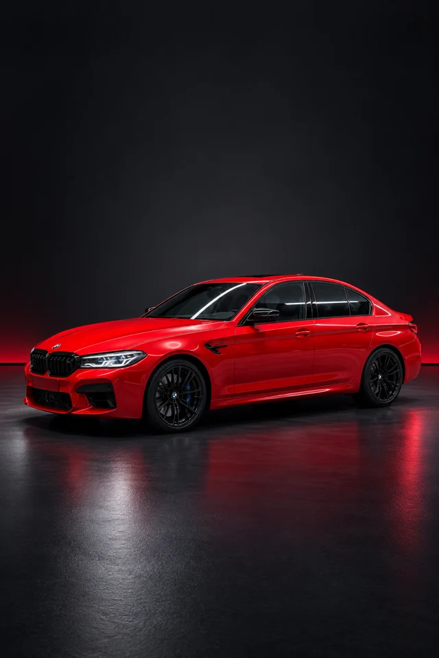 Красный седан BMW, вид спереди сбоку