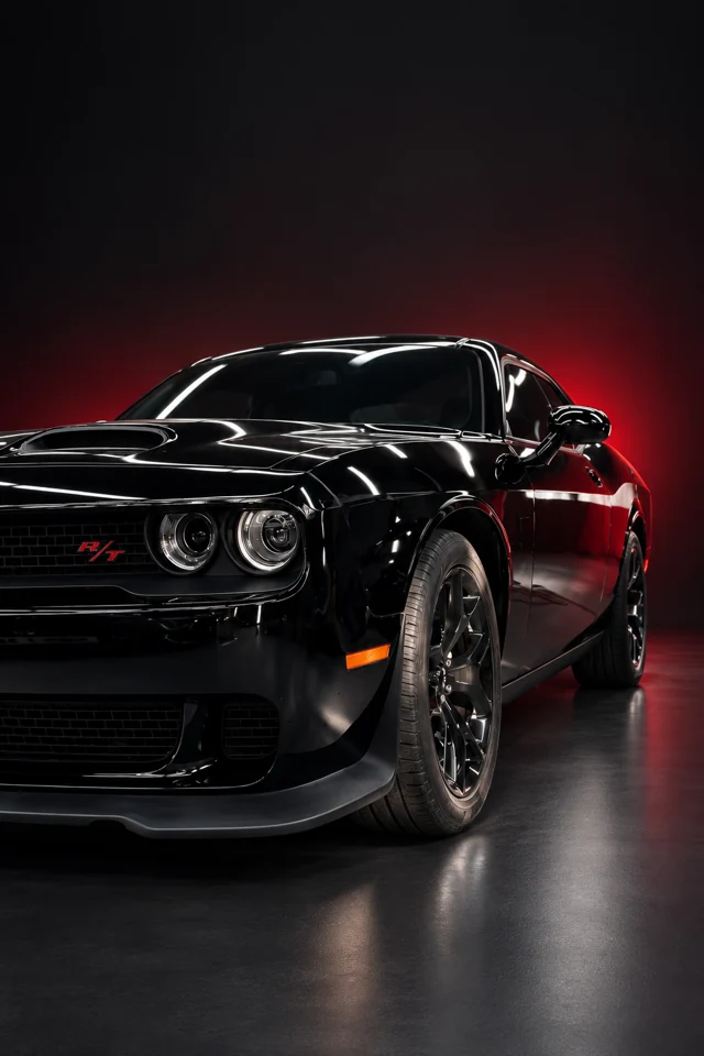 Чёрный Dodge Challenger, передняя часть и колесо