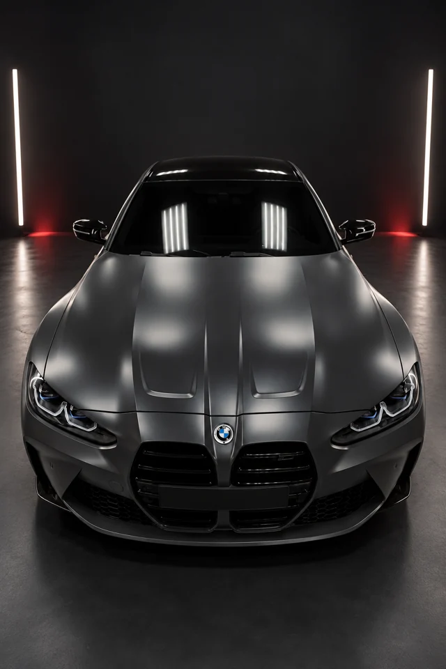 Матовый серый BMW, вид спереди сверху