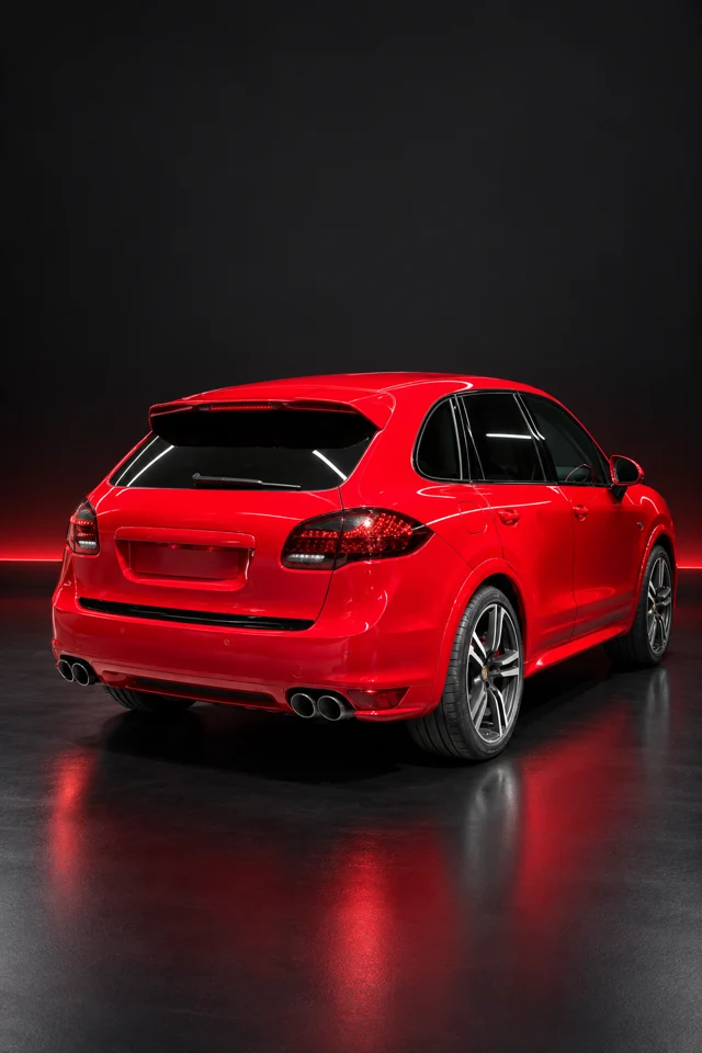 Красный Porsche Cayenne, задний ракурс
